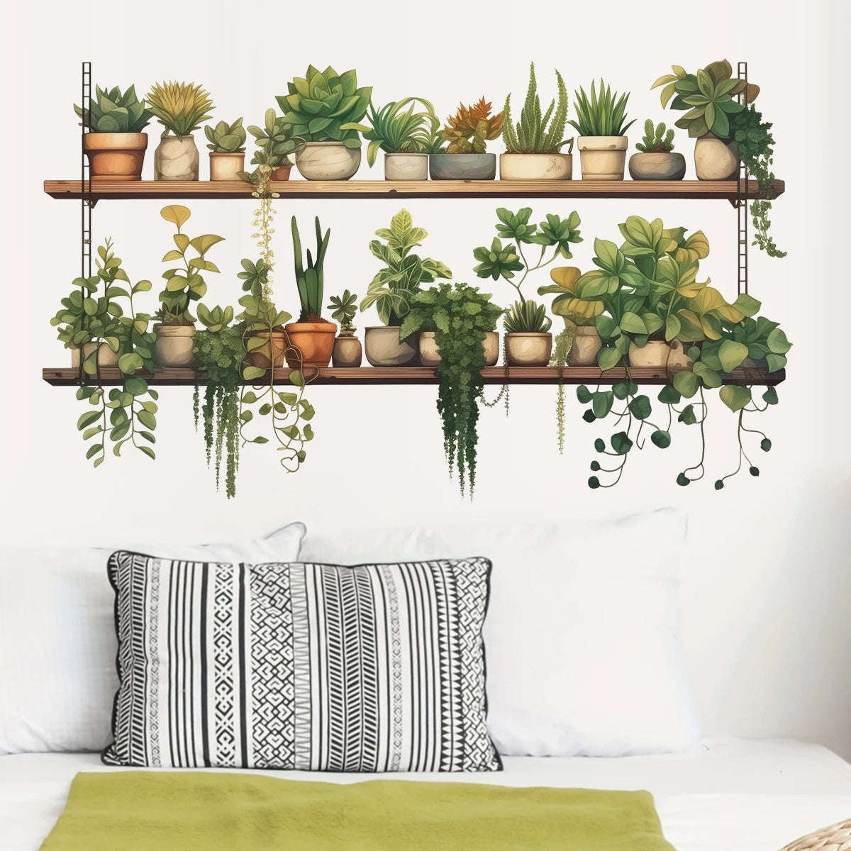 1pc Green Plant Double Layer Green Leaf Hanging Basket Wall Sticker Home Decoration Bedroom Bathroom Living Room Wall Sticker