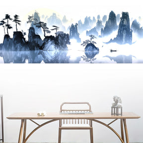 4pcs Chinese Style Sunset Landscape Wall Stickers, Pine Tree Boat Decorative Wall Stickers Suitable For Living Room, Study, offi