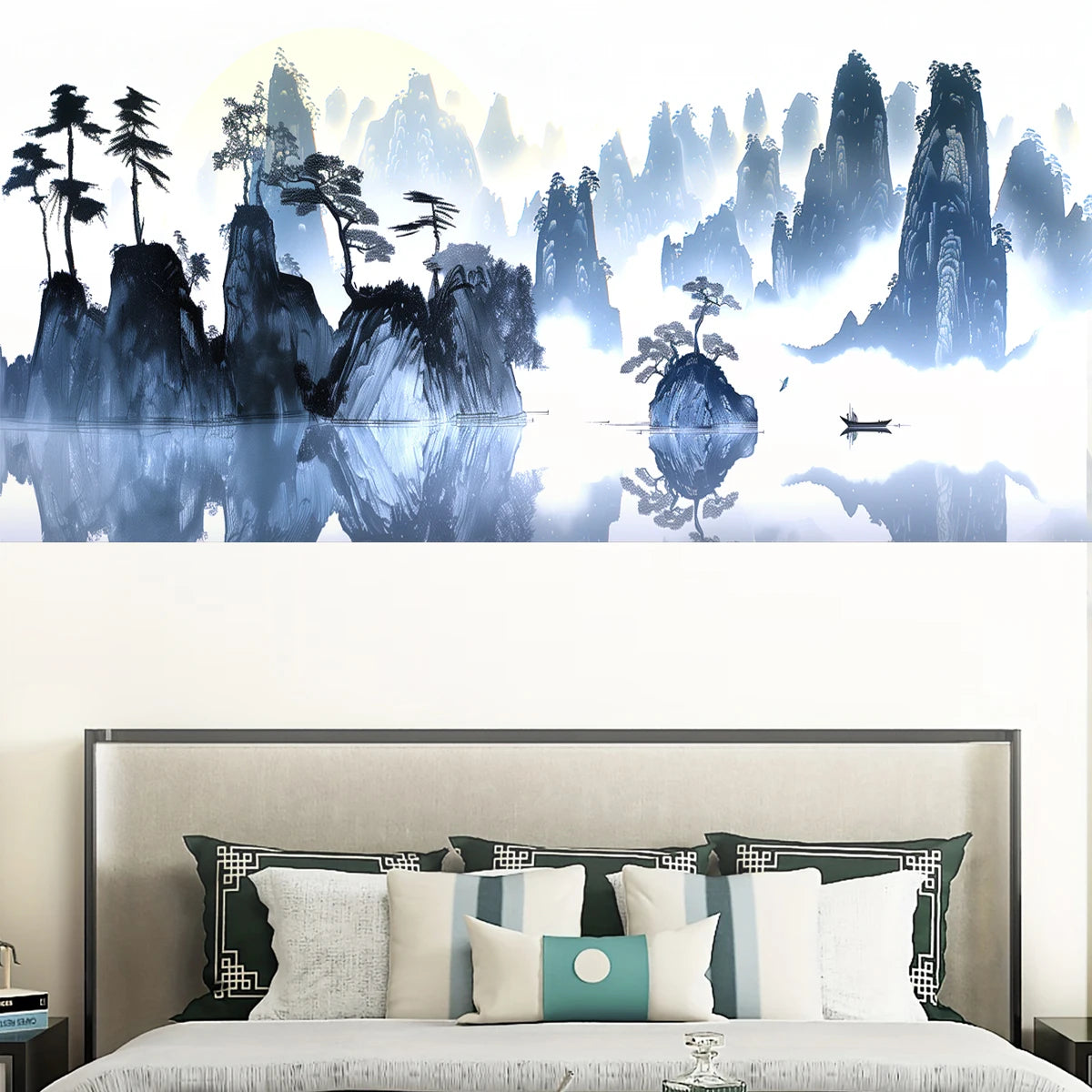 4pcs Chinese Style Sunset Landscape Wall Stickers, Pine Tree Boat Decorative Wall Stickers Suitable For Living Room, Study, offi