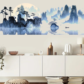 4pcs Chinese Style Sunset Landscape Wall Stickers, Pine Tree Boat Decorative Wall Stickers Suitable For Living Room, Study, offi